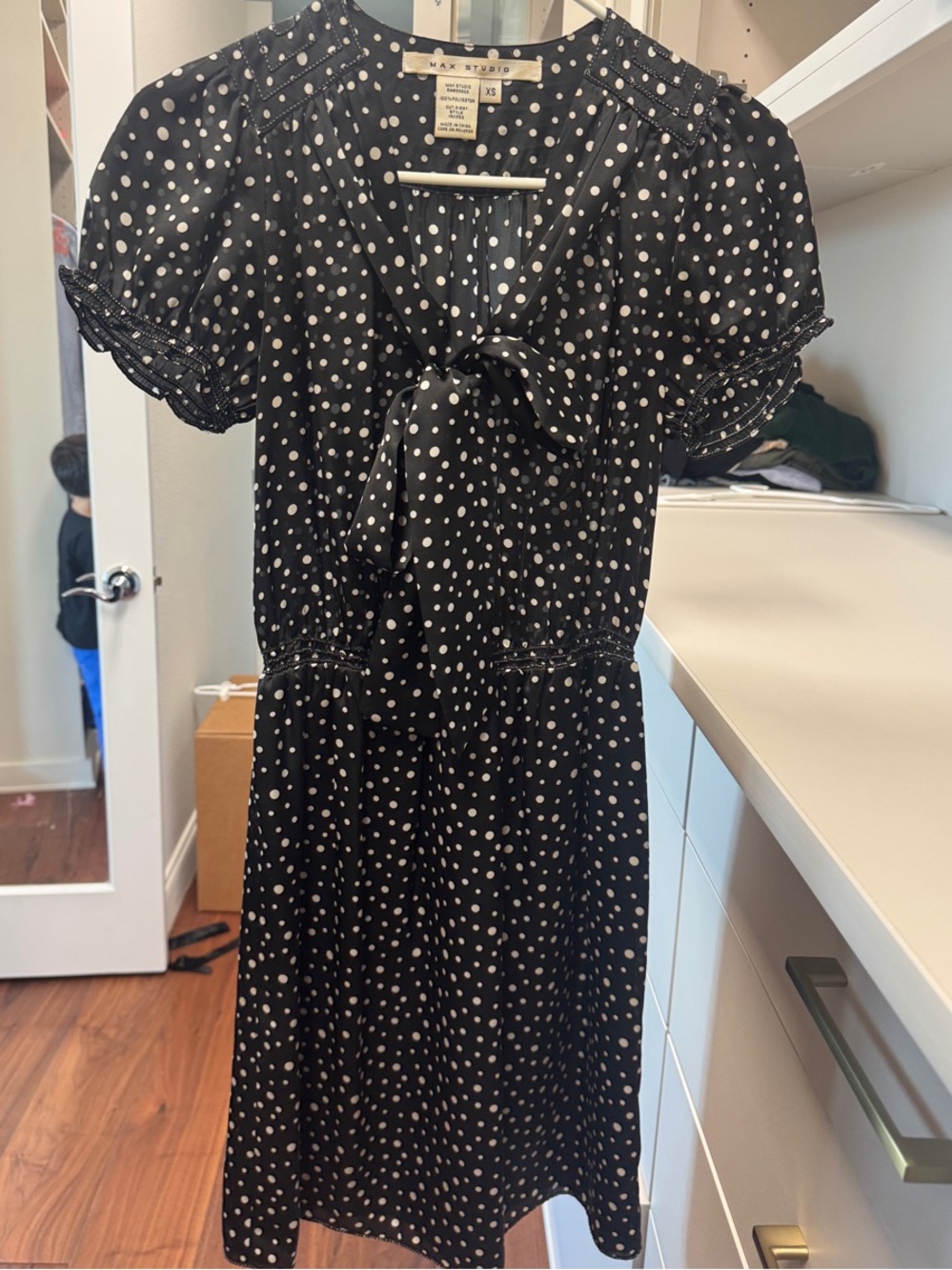 Max studio Black and White Polka Dot Tie-Neck Dress